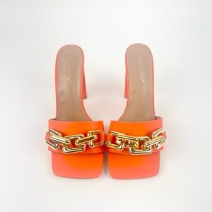 Square Toe Slip-On Block Heel with Gold Chain Detail